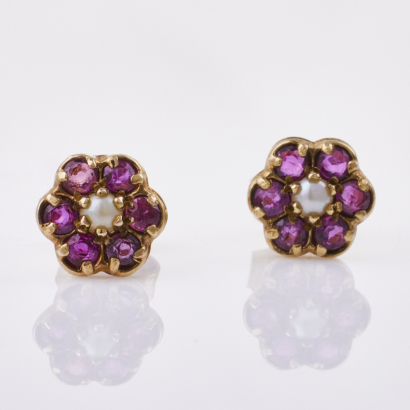 9ct Yellow Gold, Vintage, Ruby / Seed Pearl Earrings