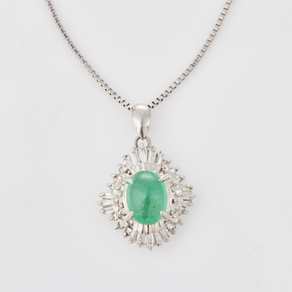 Platinum, 1.35ct Emerald / .36ct Diamond Pendant on Platinum, 45cm Chain