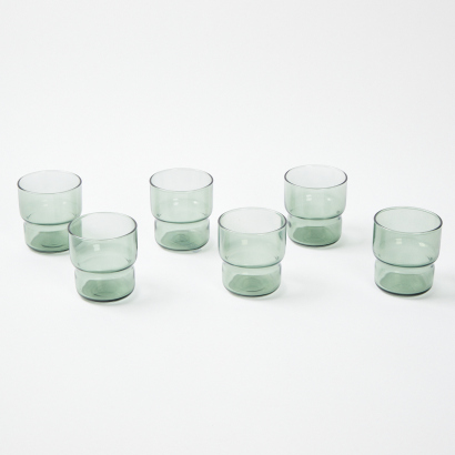 A Set Of Six Green Old Fashioned Stackable Glass Tumblers