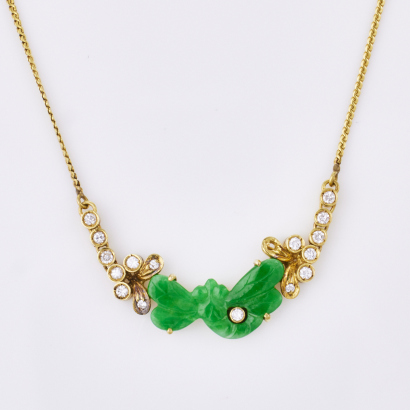 14ct Yellow Gold, Jade/ .17ct Diamond Dragonfly Necklace on 44cm Chain