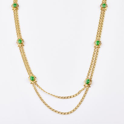 10ct Yellow Gold. Jade / .50ct Diamond 73cm Long Necklace