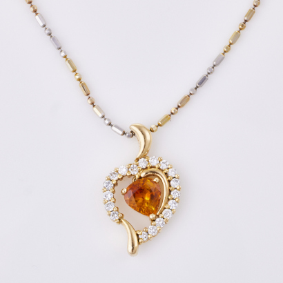 10ct Yellow Gold, Heart Shaped, Orange Stone /.20ct Diamond Pendant on 14ct Yellow/White Gold Chain
