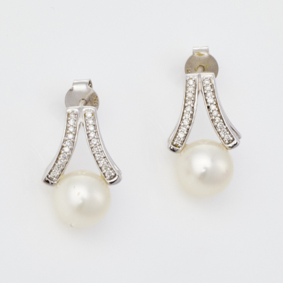 18ct White Gold, 7.8mm Pearl and Diamond Earrings