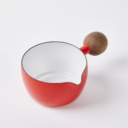 A Vintage Aubecq France Red Enamel Pouring Jug With A Round Wooden Handle