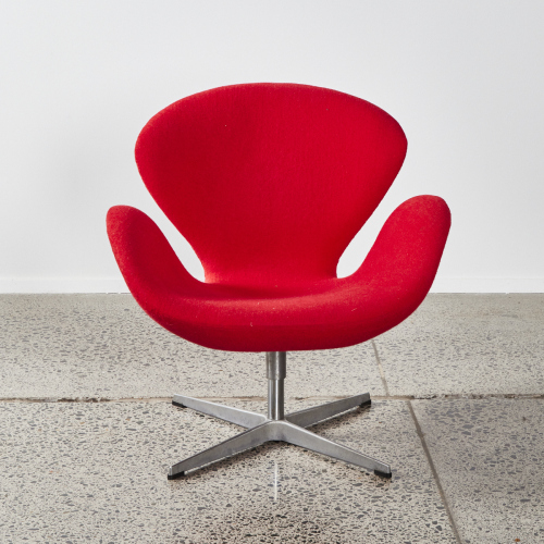 A Swan Style Chair In Red Upholstery & Metal Base