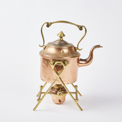 A Vintage Copper And Brass Tea Kettle With Stand And Burner