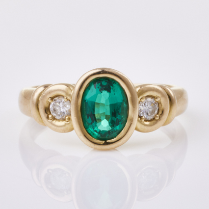 9ct Yellow Gold, Modern, Synthetic Emerald / .10ct Diamond Ring.