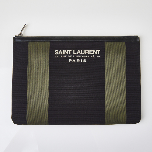 Saint Laurent Clutch Bag Khaki Canvas Stripe with Box