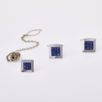 18ct White Gold, Sapphire Cufflinks and Pin Boxed Set