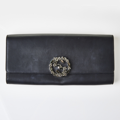 Gucci Black Leather GG Crystal Broadway Clutch