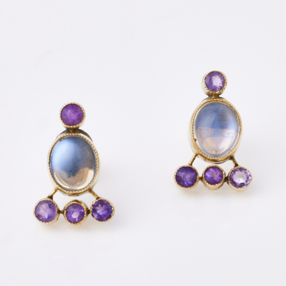 14ct Yellow Gold, Estate, Moonstone / Amethyst Earrings