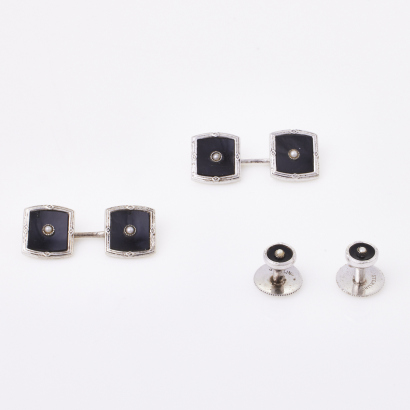Sterling Silver, Art Deco, Stud Shirt buttons / Cuff links set with Box