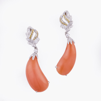 18ct White Gold, Coral / Diamond Drop Earrings