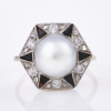 14ct White Gold, Art Deco, 9.0mm Pearl / .30ct Diamond Ring