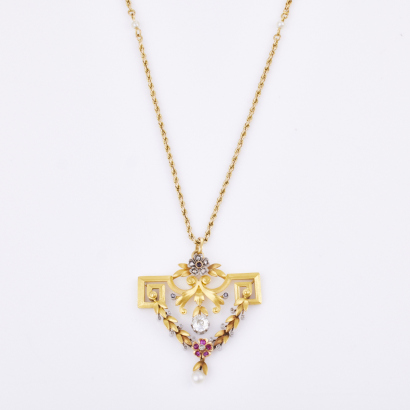 18ct Yellow Gold, Antique, Diamond, Ruby / Seed Pearl Pendant on 12ct Yellow Gold Chain