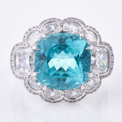 18ct White Gold, 8.83ct Cushion Cut Paraiba Tourmaline / 4.07ct Diamond Cluster Ring