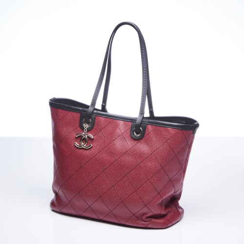 Chanel Burgundy/Black Diamond Stitched Leather Fever Tote Bag