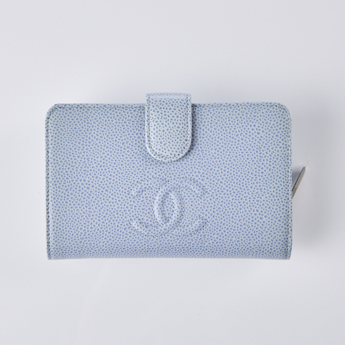 Chanel, Bifold CC Light Blue Caviar Leather Wallet and Box - As new