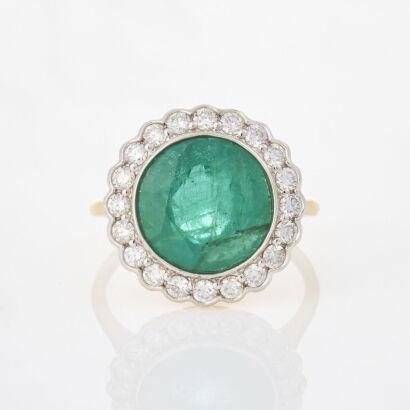 18ct Yellow Gold, 5.35ct Emerald / .65ct Diamond Cluster Ring