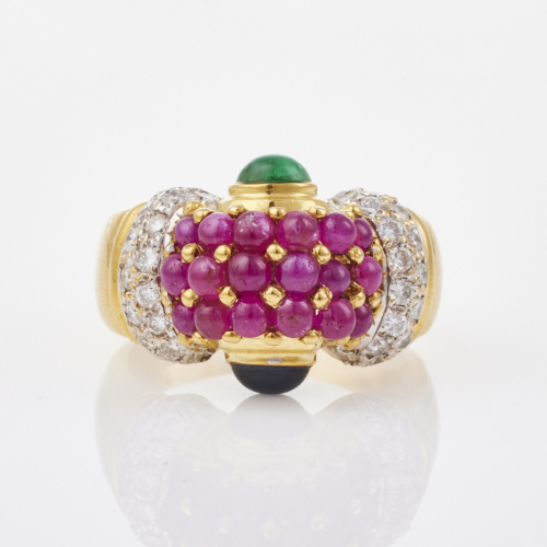 18ct Yellow Gold, Emerald, Ruby, Sapphire and Diamond Ring