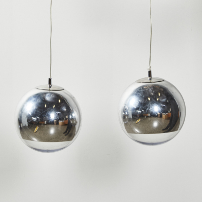 A Pair Of Small Tom Dixon Silver Mirror Ball Pendant Lights