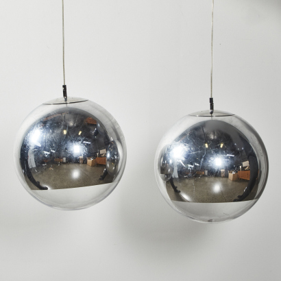 A Pair Of Medium Tom Dixon Silver Mirror Ball Pendant Lights