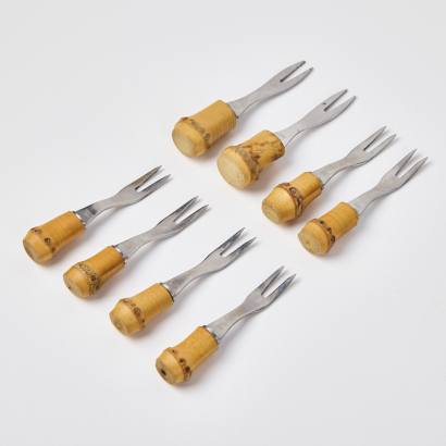 A Set Of Retro Japanese Made Bamboo Handled Cocktail Forks