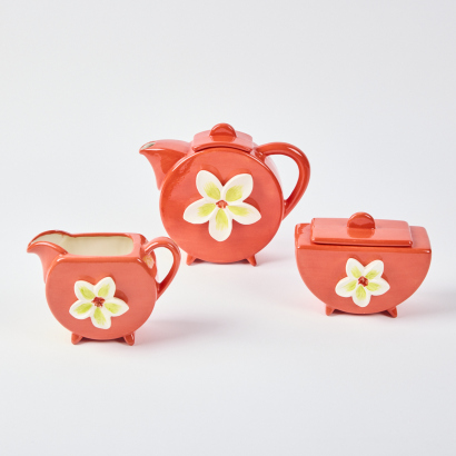 A Red Frangipane Motif Tea Set