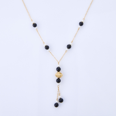 14ct Yellow Gold, Pearl / Onyx, 45cm Beaded Necklace