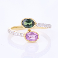 18ct Yellow Gold, Modern, Pink / Green Sapphire / .21ct Diamond Ring