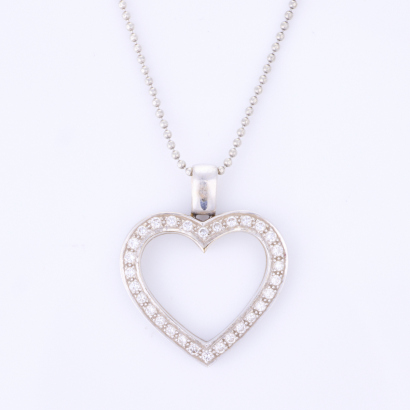 18ct White Gold, Modern, .60ct Diamond Set Heart Pendant, on a 45cm Sterling Silver Chain