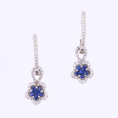 18ct White Gold, .30ct Sapphire / .90ct Diamond Flower Drop Earrings