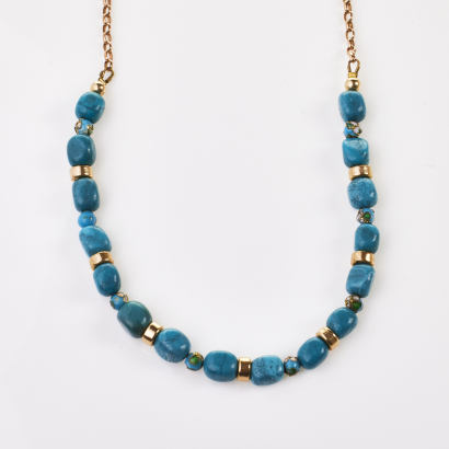 9ct Yellow Gold, Blue Stones /Gold-tone Beads Necklace