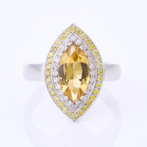 Platinum, 1.41ct Citrine /.30ct White and Fancy Yellow Diamond Ring