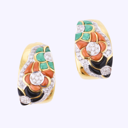 18ct Yellow Gold, Malachite, Coral, Onyx / .50ct Diamond Set Earrings