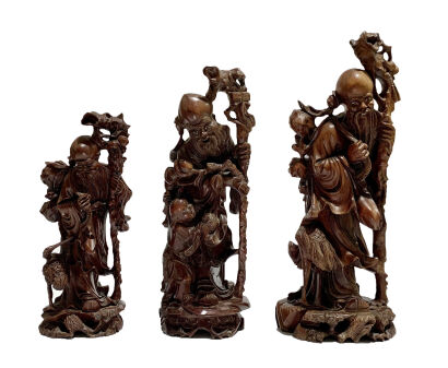 Longyan Wood Carved Longevity Statue - Set of 3