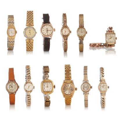 An Assortment of Twelve Ladies' Swiss Gold Plated Wristwatches, 1920-1960