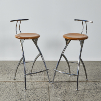 A Pair Of Contemporary Barstools In Chrome With Solid Wood Seat