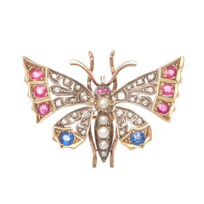 A Diamond, Ruby and Sapphire Butterfly Brooch