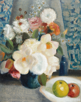 JOHN WEEKS Still Life with White Magnolias, Zinnias & Apples