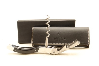 (1) Laguiole ‘Tradition’ Sommelier 2 Lever Wine Knife – Black Cow Horn with Black Leather Pouch