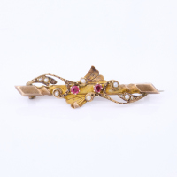 9ct Yellow Gold, Antique, Ruby /Seed Pearl Bar Brooch