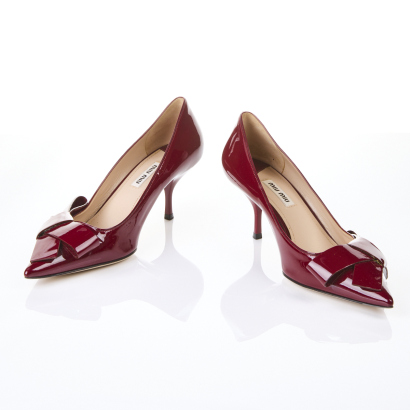 Miu Miu Dark Red Patent Leather Bow Pointed Toe Pumps, Size 38