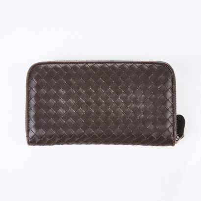 Bottega Veneta Intrecciato Brown Zip Around Wallet with Box