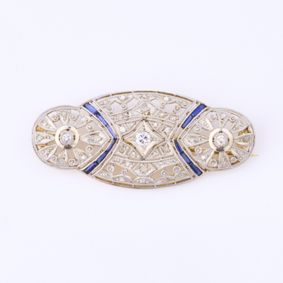 Platinum /18ct Yellow Gold, Art Deco, .18ct Diamond /.14ct Synthetic Sapphire Brooch