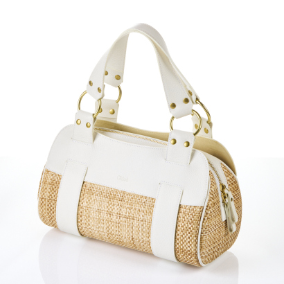 Chloe, White Leather / Rattan Handbag