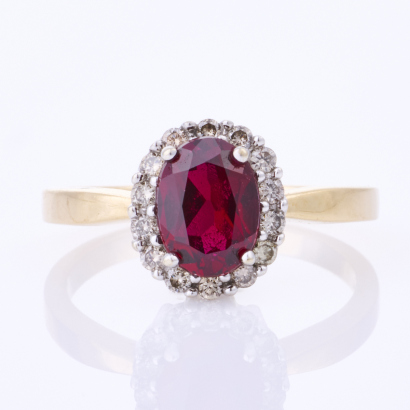 10ct Yellow / White Gold, Synthetic Ruby / .12ct Diamond Halo Ring