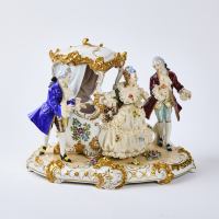 An Unter Weiss Bach Dresden Porcelain Lace Figural Group Of Noblewoman Exiting Sedan Chair With Attendants