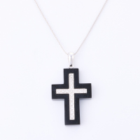 18ct White Gold, Onyx / .20ct Diamond Cross on 14ct White Gold, 45cmChain