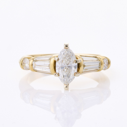 14ct Yellow Gold, .50ct Marquise Cut / .60ct Baguette / Round Cut Diamond Ring